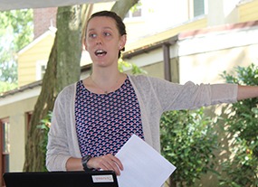 Guest speaker Hanna Gaston presents to UCHS members at Liberty Hall in 2020.