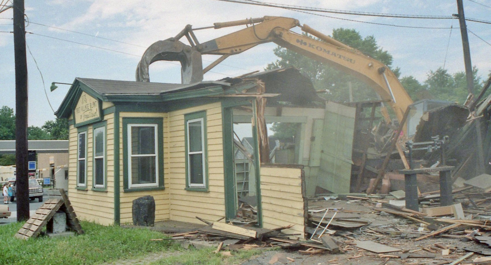 Demolition of the historic lumberyard buildings in Roselle, New Jersey, formerly the site of Thomas Edison’s Plant for Isolated Lighting, July 1990.