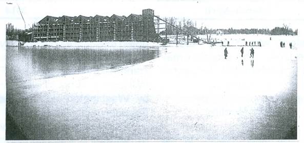 Historic five-story ice house on the eastern shore of Ursino Lake in Elizabeth, New Jersey, used for cutting and storing lake ice