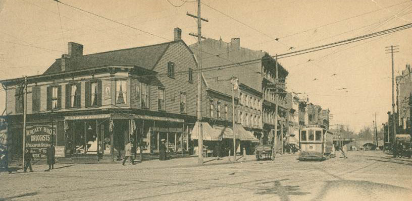 Intersection of Broad Street and Jersey Street in Elizabeth, New Jersey, circa 1910, showing trolley cars and the famous arches