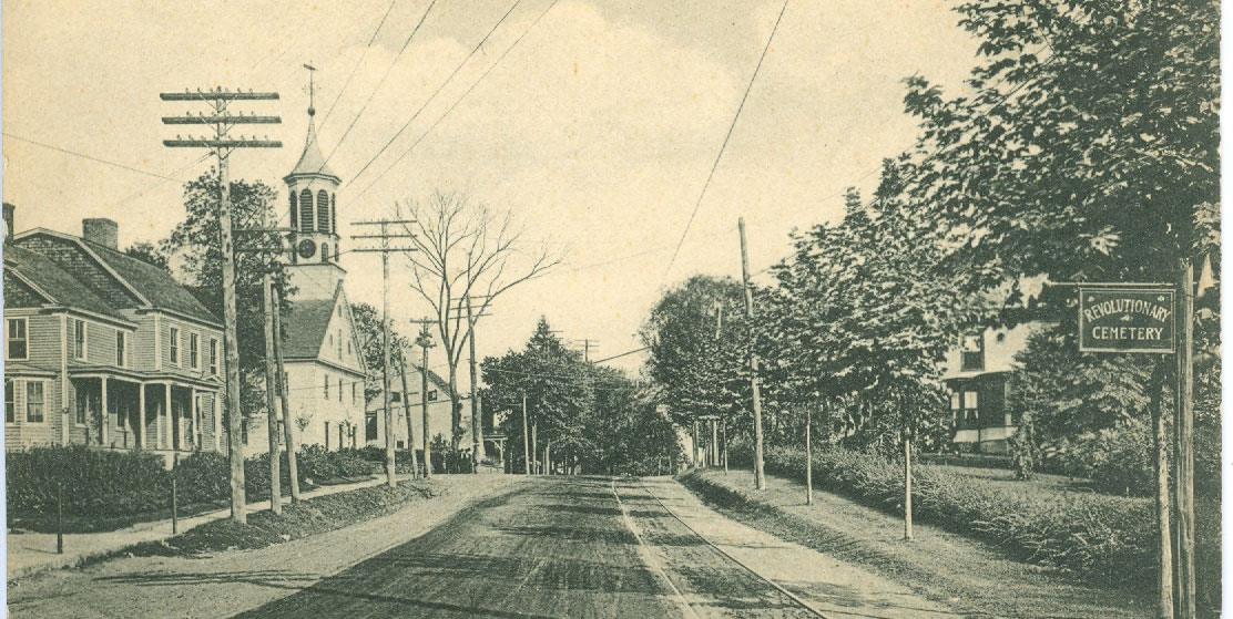 Springfield Presbyterian Church along Morris Avenue in Springfield, New Jersey, circa 1900, with early utility lines and roadway scene