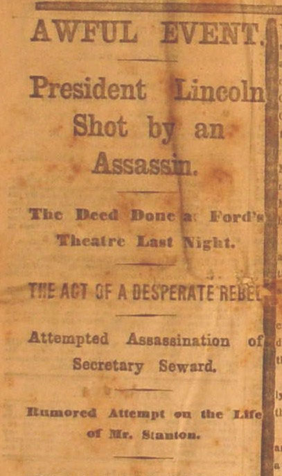 New York Times front page dated April 15, 1865 reporting the assassination of President Abraham Lincoln