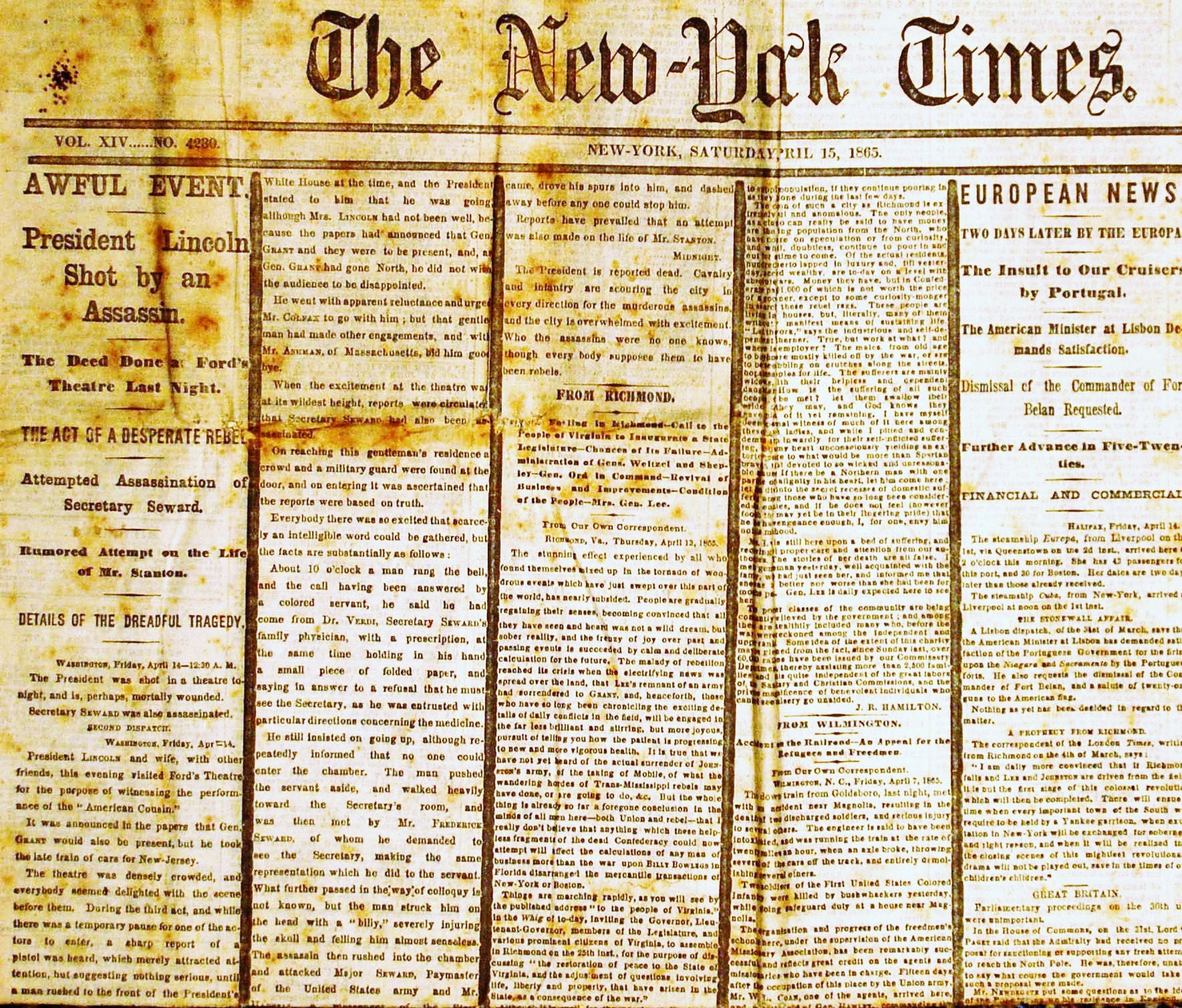 New York Times column reporting the attempted assassination of Secretary of State William Seward in April 1865