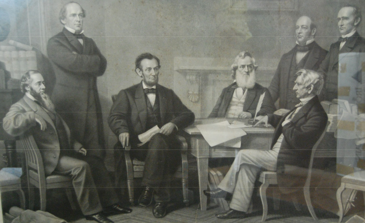 Etching of President Abraham Lincoln presenting the Emancipation Proclamation to his cabinet