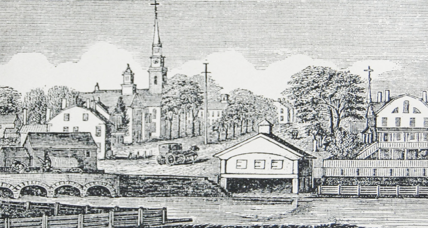 Artist’s drawing of the center of Elizabeth, New Jersey, circa 1840, showing the stone bridge, sawmill, inns, churches, and Broad Street area