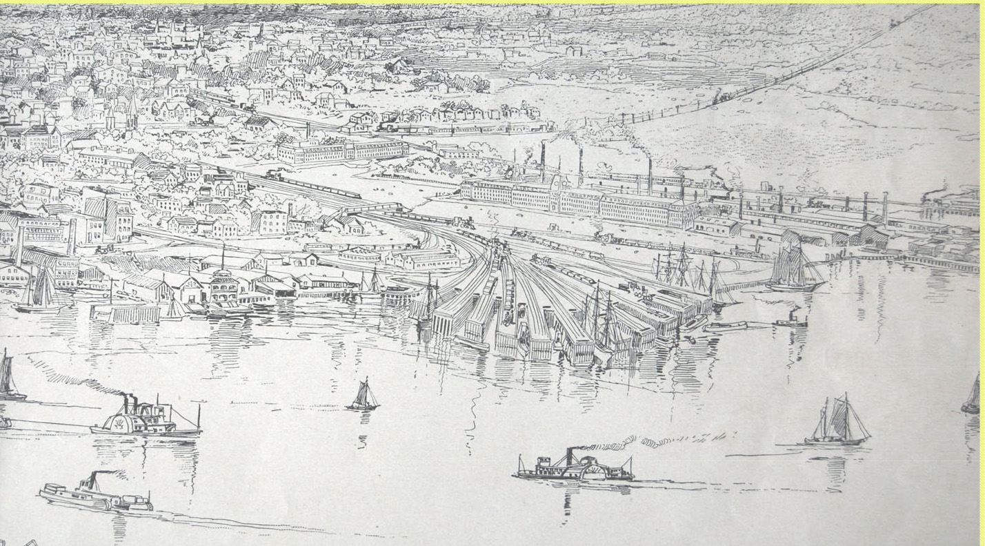 1880 bird’s-eye view drawing of the Elizabeth waterfront showing rail lines, coal docks, and ships.
