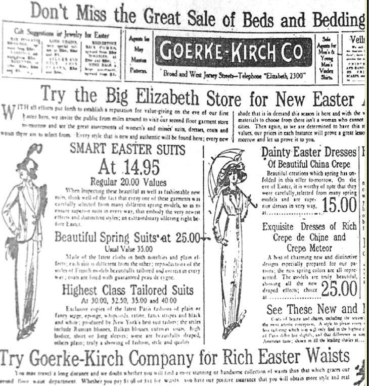 Vintage Goerke-Kirch Company advertisement listing Easter clothing and bedding prices in Elizabeth.