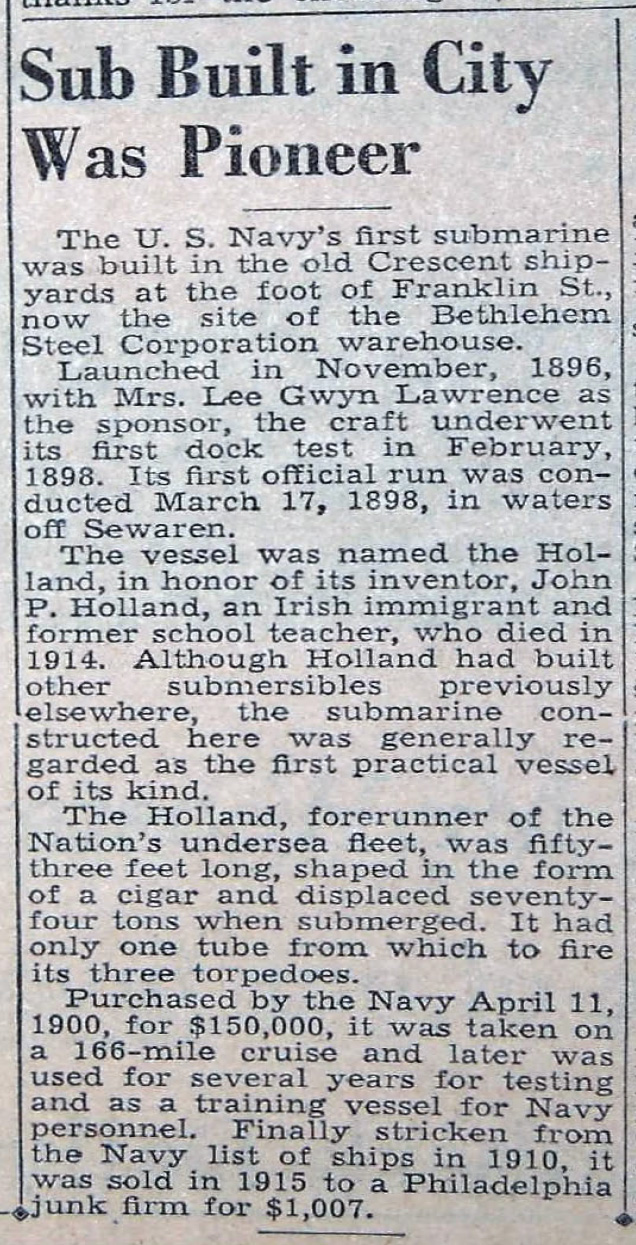 Newspaper clipping about the U.S. Navy’s first submarine, the Holland, built at Crescent shipyards in Elizabeth.