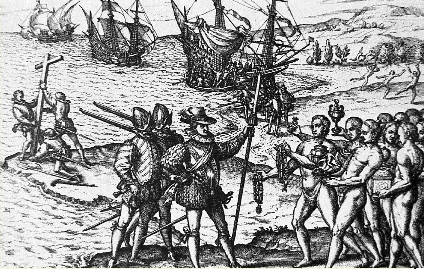 Historical etching of Christopher Columbus and Spanish explorers landing in 1492 with ships offshore.