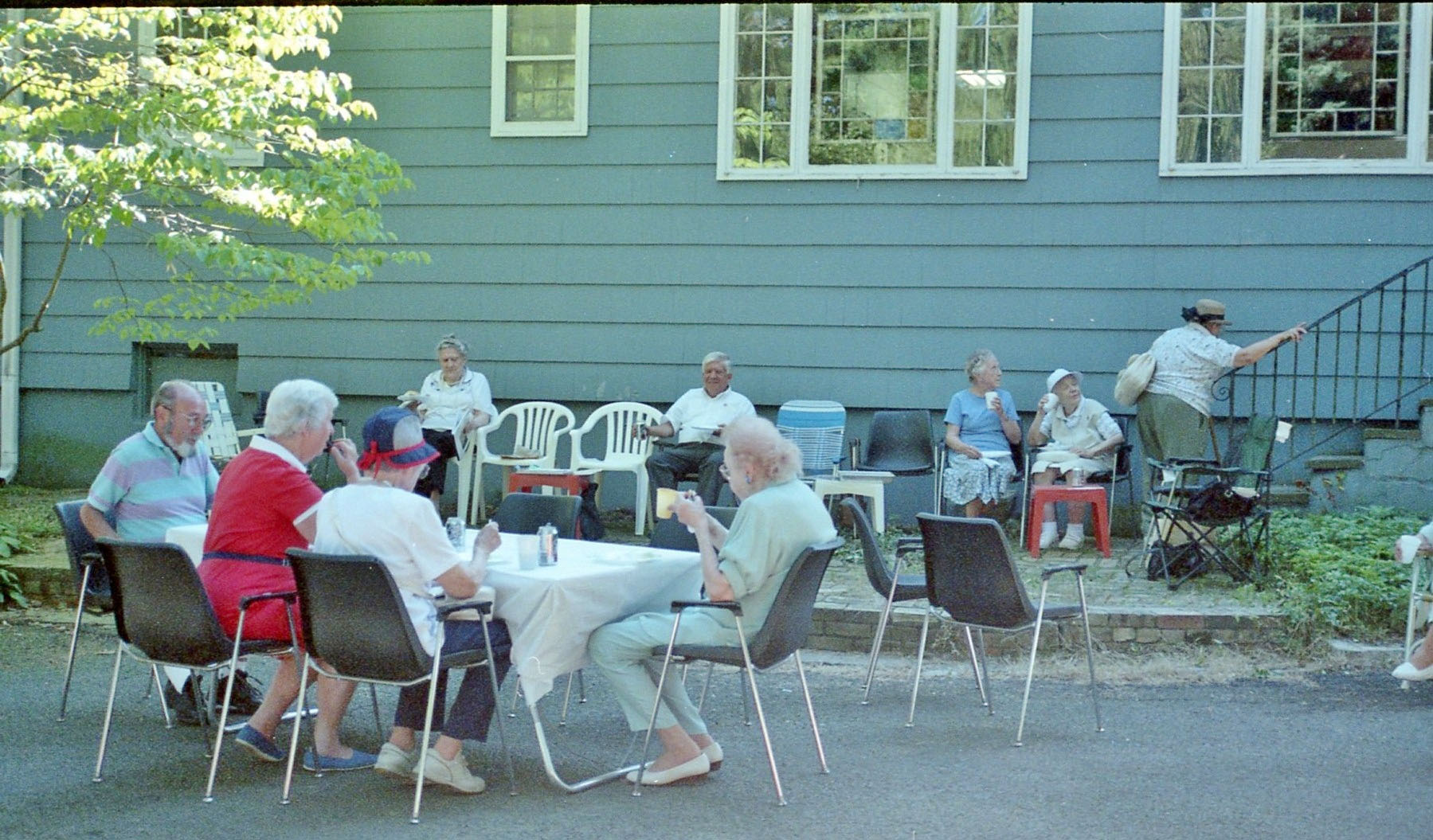 Members and guests socializing at the Union County Historical Society picnic behind the Hanson House, September 10, 2017.