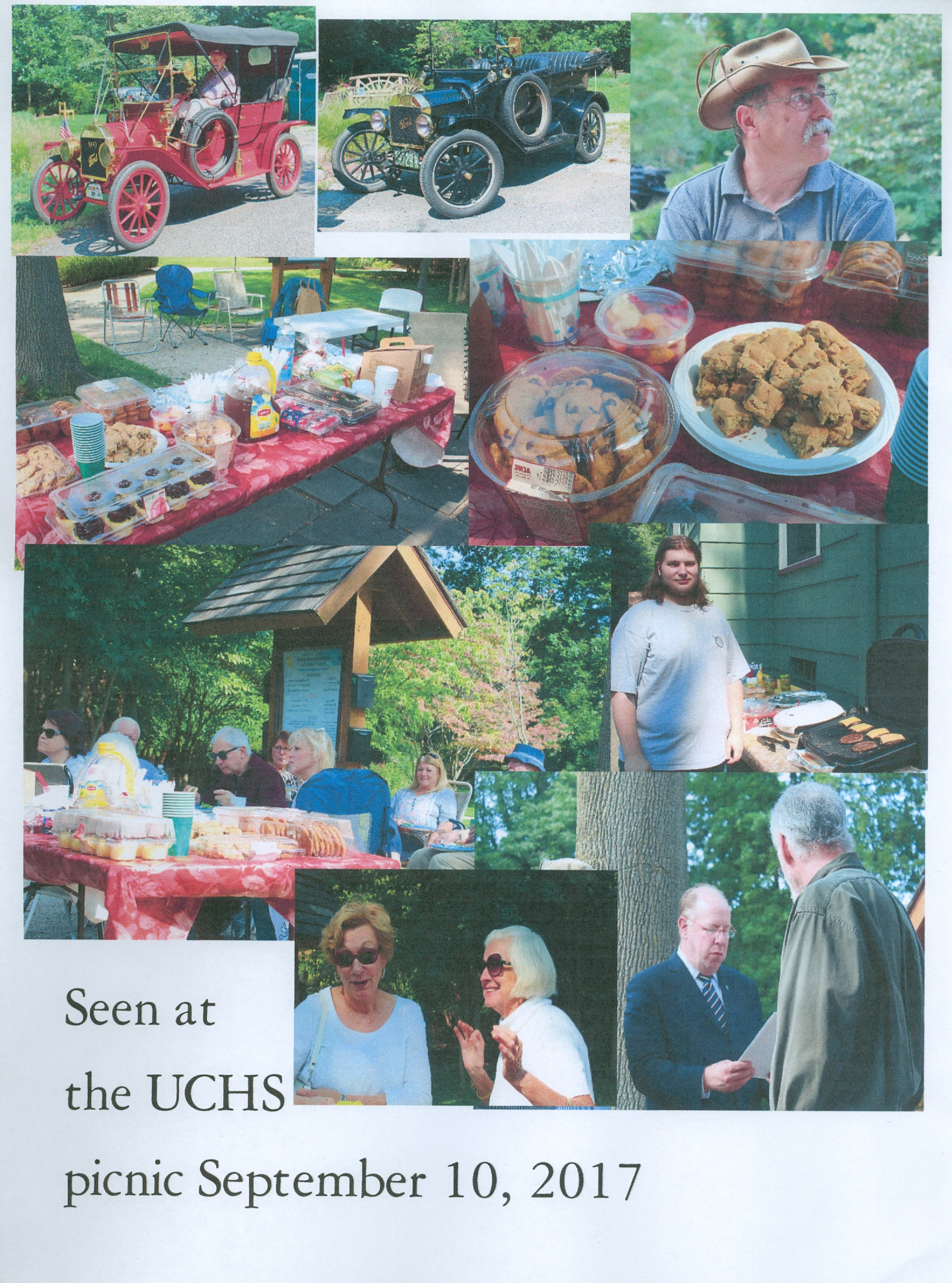 Photo collage from the Union County Historical Society picnic showing antique automobiles, food tables, and members gathered at the Hanson House in 2017.
