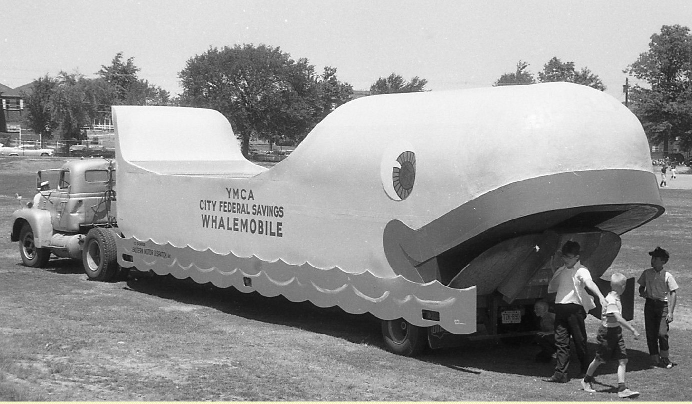 Whalemobile portable swimming pool sponsored by the YMCA and City Federal Savings during a Fourth of July celebration in Roselle Park, 1960.
