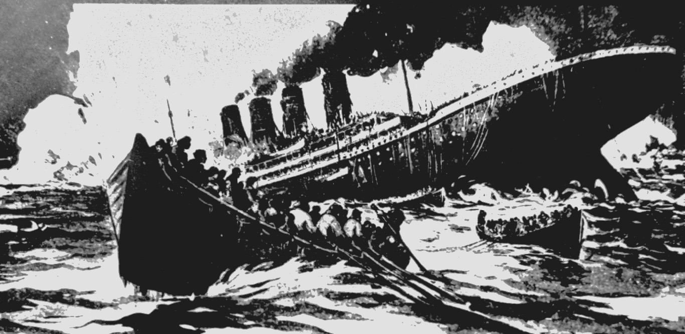 Vintage lantern slide illustration showing the Titanic sinking with lifeboats