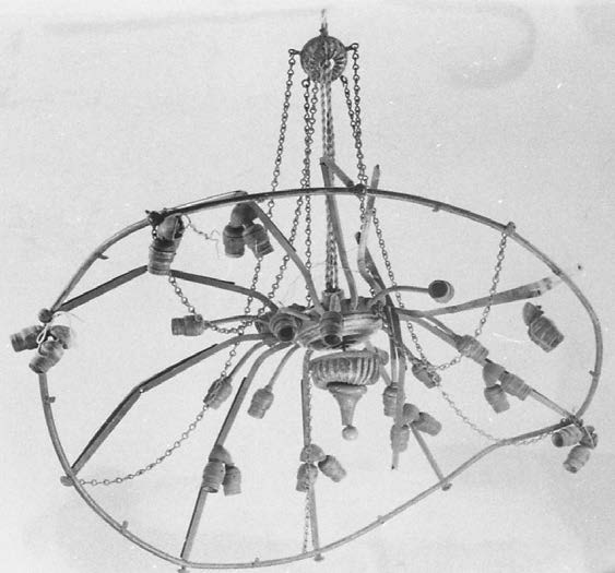 Fire-damaged 30-bulb Edison electrolier salvaged after the 1949 fire at First Presbyterian Church of Roselle.