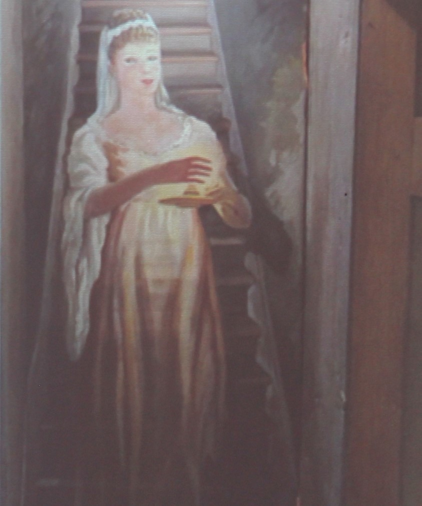 Painting of Hannah Caldwell as a ghostly figure holding a candle while descending a staircase.