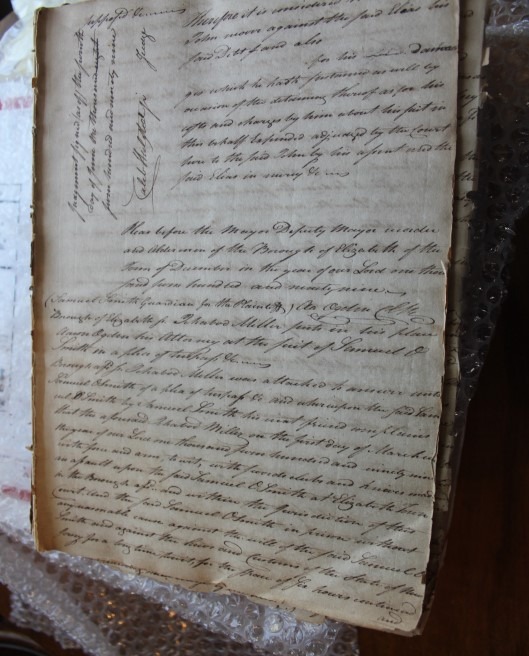 Handwritten page from a 1799 Book of Common Pleas documenting debt settlements in the Borough of Elizabeth