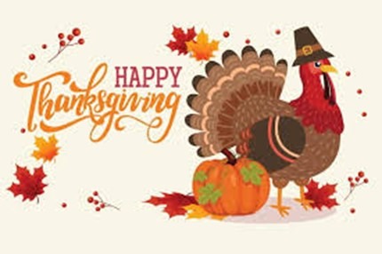 Happy Thanksgiving illustration with turkey, pumpkin, and autumn leaves