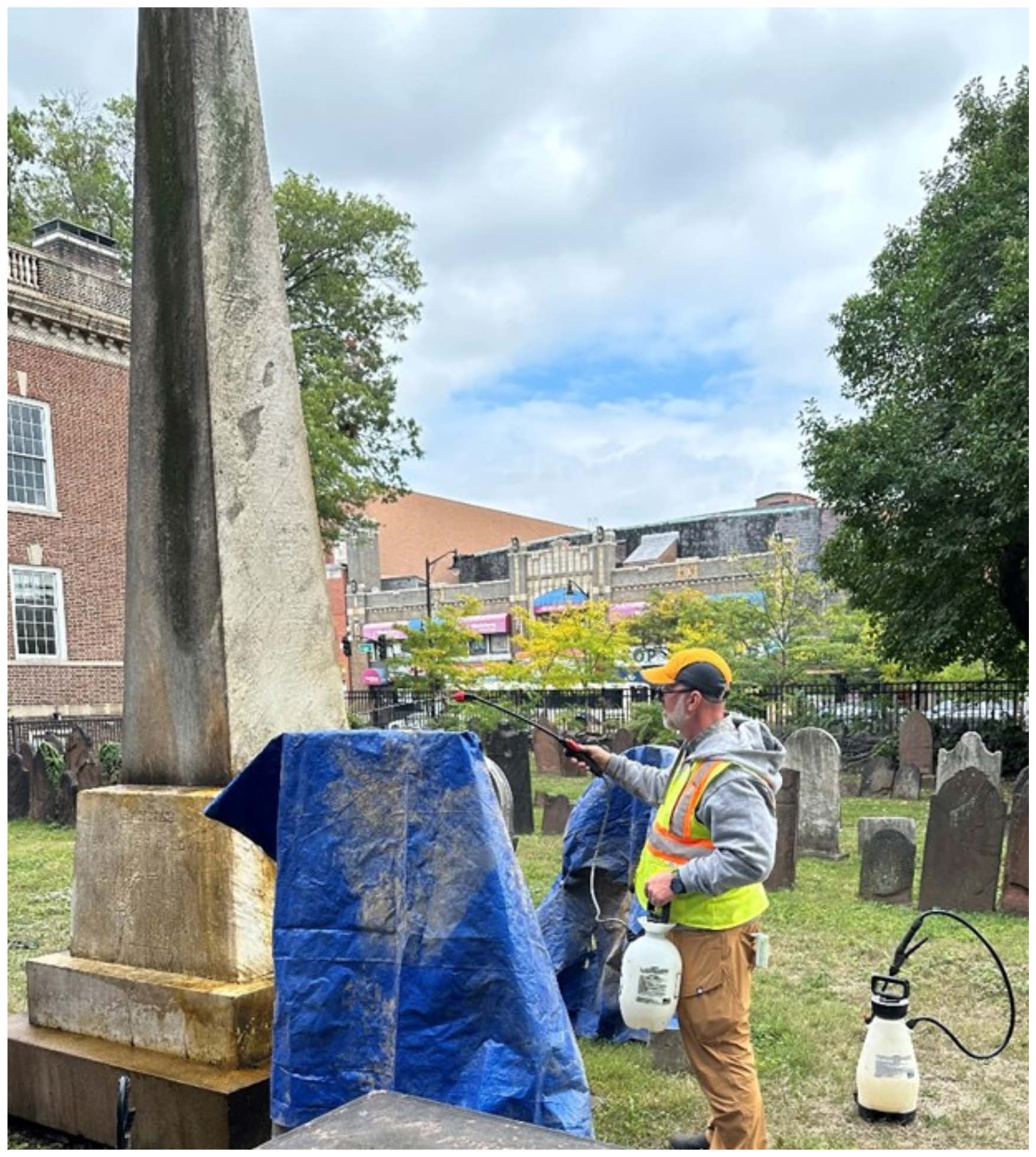 Restoration work in progress on the Caldwell Memorial Obelisk at Siloam-Hope First Presbyterian Church in Elizabeth.