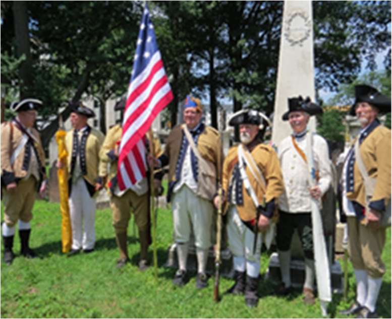 Westfield Sons of the American Revolution Color Guard standing at the Caldwell Memorial monument in Elizabeth, NJ