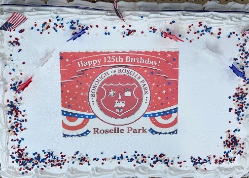 Roselle Park 125th anniversary cake decorated with the borough seal and patriotic colors.